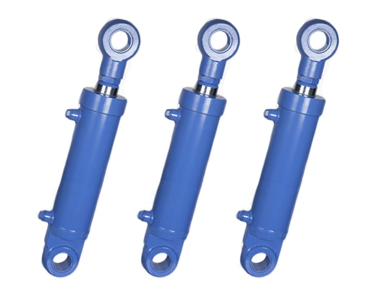 Three blue heavy duty double acting welded hydraulic cylinders, both ends eye joint design for construction machinery hydraulic system
