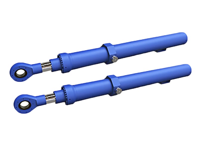 Blue welded hydraulic cylinder with front eye lug and side mounting bracket