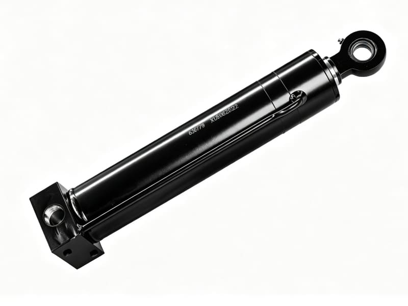 Black single acting welded hydraulic outrigger ram for construction machinery support legs, serial number marked barrel, square bottom mount and rod end eye joint