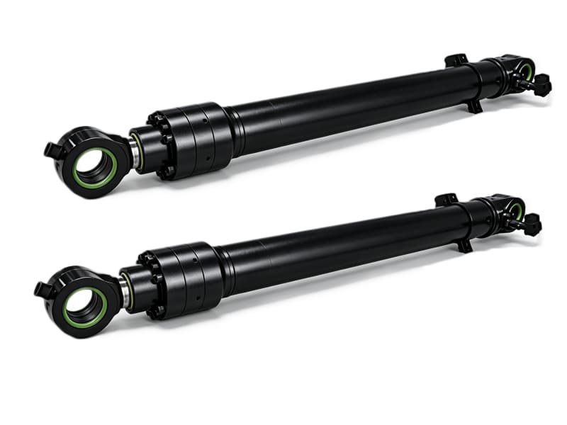 Two black custom non-standard double acting welded hydraulic cylinders, both ends eye lug mounting with side fixing brackets, custom stroke and bore size for engineering machinery
