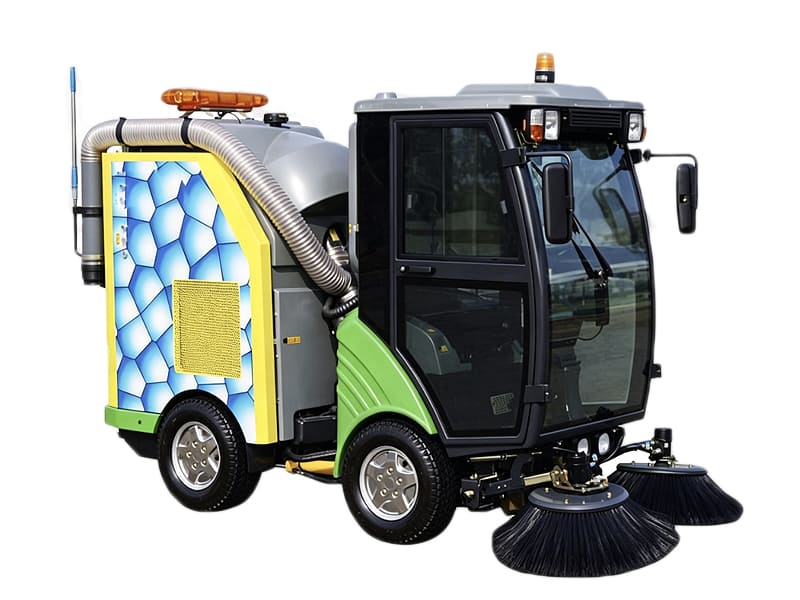 Closed cab road sweeper, full vacuum street cleaning vehicle white background