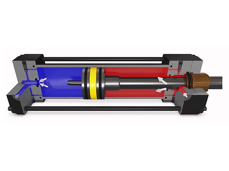 Cross-section of double acting hydraulic cylinder with built-in buffer design