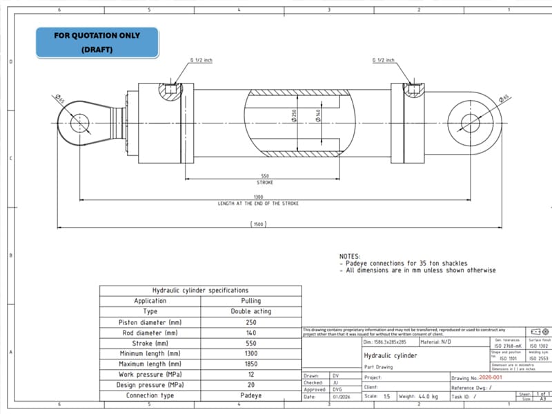 Draft engineering drawing of double acting pulling hydraulic cylinder with pad eye ends, complete specification table including 250mm piston diameter, 550mm stroke, 12MPa working pressure, quotation-only mechanical blueprint