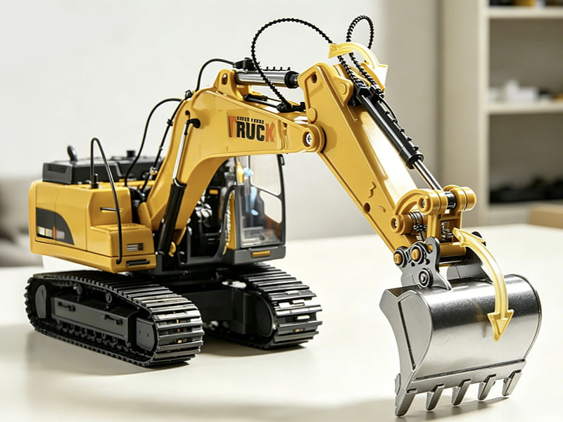 Yellow full metal RC excavator toy, hydraulic arm driven by small miniature hydraulic cylinders, simulation engineering vehicle model for collection