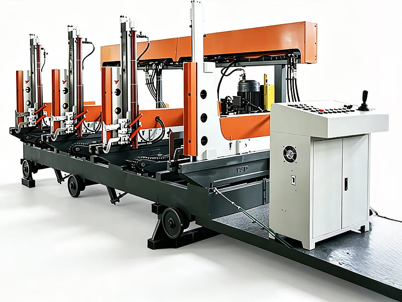 Automatic multi vertical head hydraulic band saw for lumber processing, mobile wheel base, independent control cabinet, industrial hydraulic cylinder driven wood cutting machinery on white background