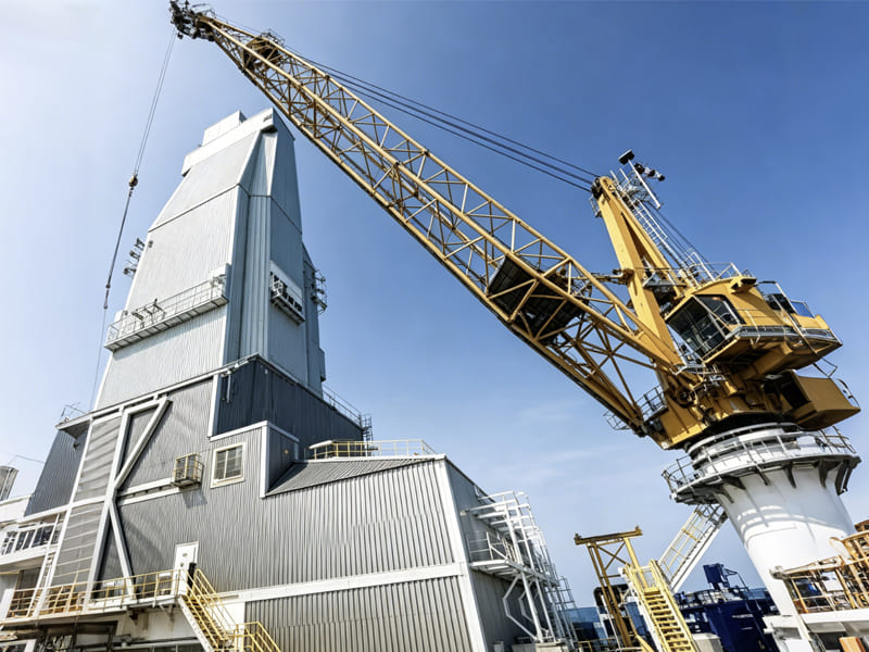 Yellow hydraulic lattice boom crane mounted on offshore drilling platform, heavy marine lifting machinery equipped with large hydraulic cylinders for ocean oil and gas exploitation