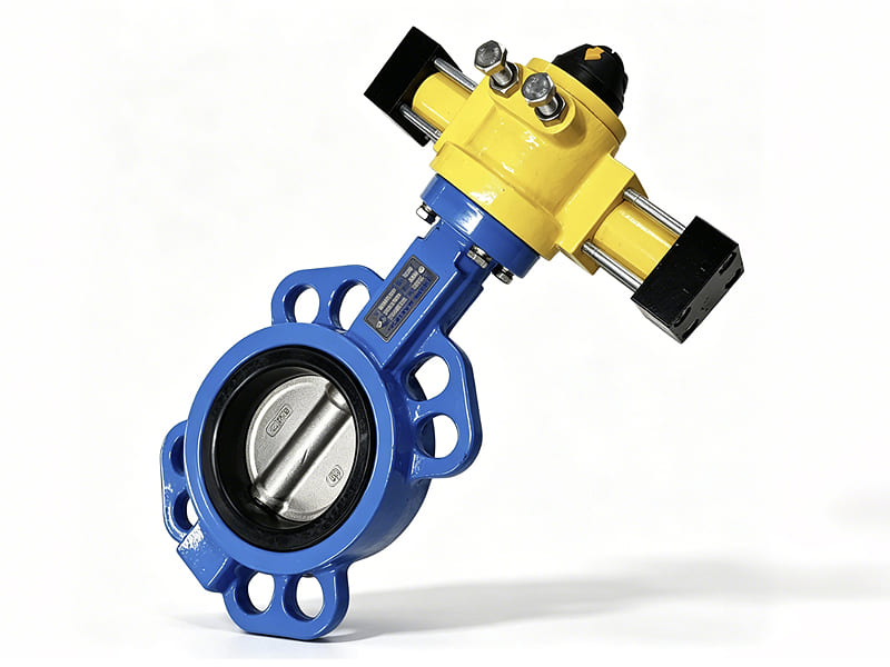 Wafer butterfly valve driven by mini hydraulic cylinder, hydraulic actuated pipeline valve white background