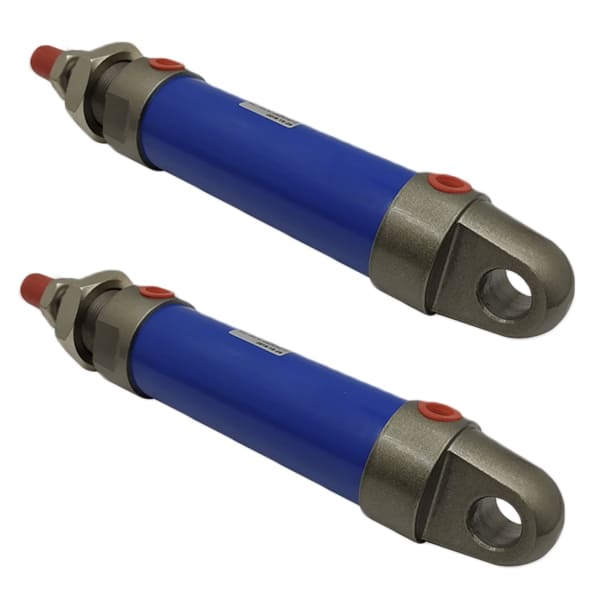 Two ROB micro round welded hydraulic cylinders with blue barrel, swivel rod end & rear clevis mount, miniature hydraulic ram for automation jig