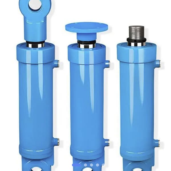 Blue welded hydraulic cylinders with three different mounting ends