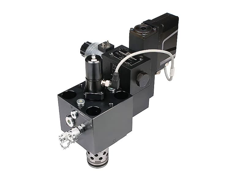Black custom hydraulic manifold valve assembly equipped with proportional solenoid valve, pressure relief valve and plug-in cartridge valve, precise flow control unit for double acting hydraulic cylinder, white background industrial hydraulic component