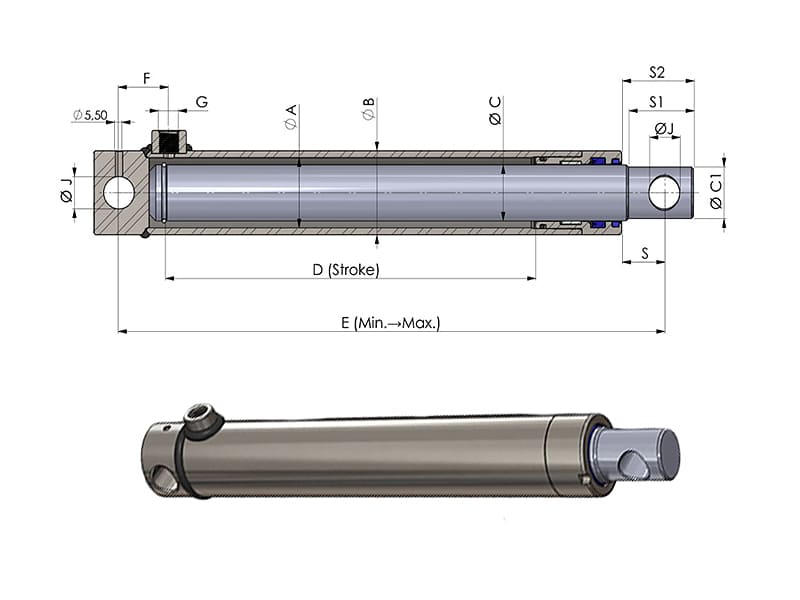 Dimension drawing of single acting plunger hydraulic cylinder