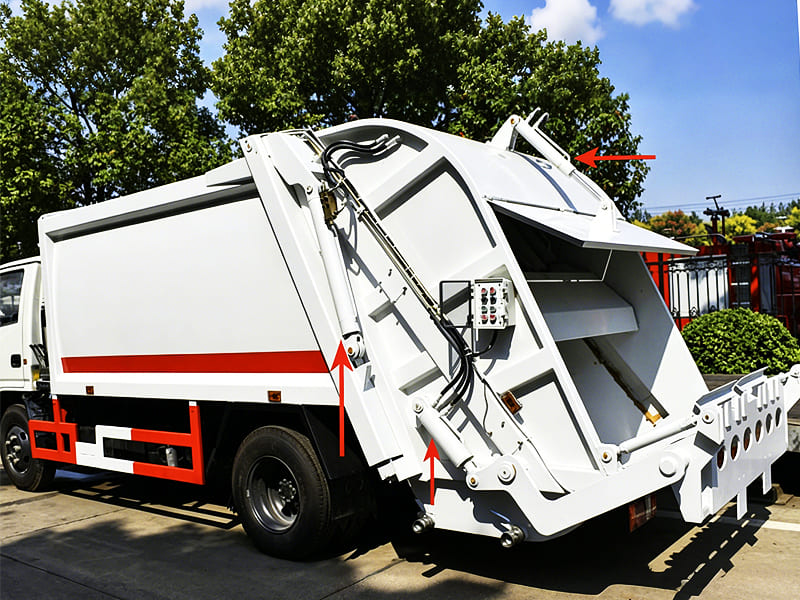 White rear loading waste compactor garbage truck with multiple hydraulic cylinders for lifting, flipping and compressing trash, municipal sanitation vehicle outdoor display photo