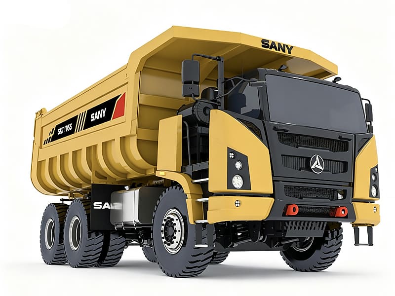 Yellow SANY SKT105S heavy-duty mining dump truck on white background, large capacity mine tipper vehicle relying on hydraulic cylinder system for cargo box lifting, open pit mining transportation machinery