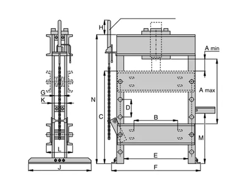 Two-view engineering blueprint of customized non-standard hydraulic press cylinder structure, with detailed dimensional parameters, customizable stroke, installation size and structural specification