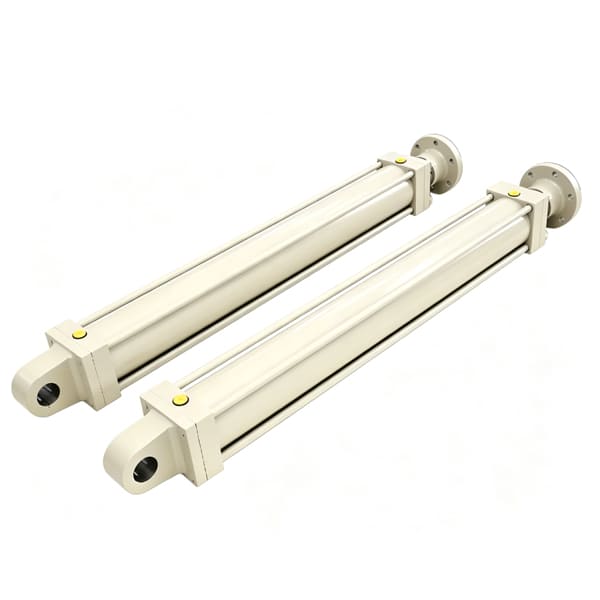 3D rendering of two long stroke tie rod hydraulic cylinders, front clevis and rear flange mounting, beige cylinder body, white background