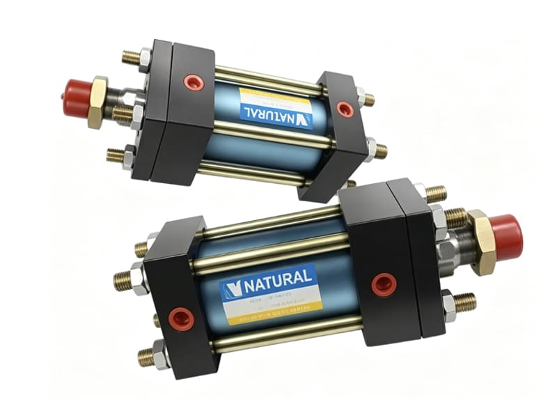 Tie rod hydraulic cylinders placed horizontally, red oil ports, brass tie rods, blue cylinder tube, white background