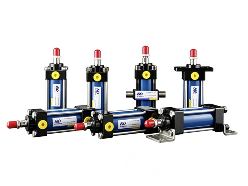 Set of tie rod hydraulic cylinders with diverse mounting methods, red piston rod dust caps, yellow oil ports, blue cylinder body, white background