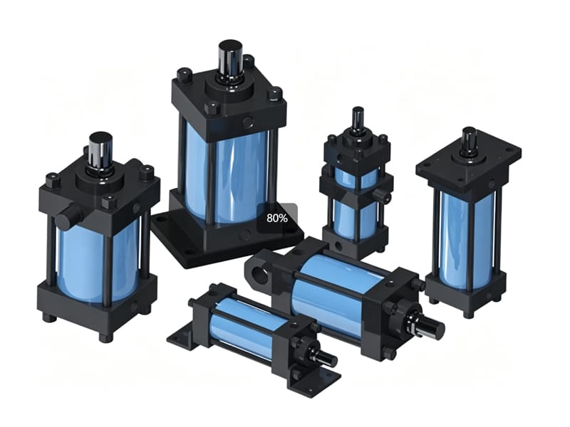 3D rendering of multi-size tie rod hydraulic cylinders with different mounting types, light blue barrel, black end caps, white background