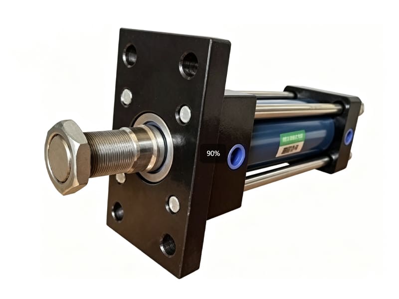 Heavy-duty tie rod hydraulic cylinder with front square flange mounting, chrome-plated piston rod, blue cylinder barrel, white background