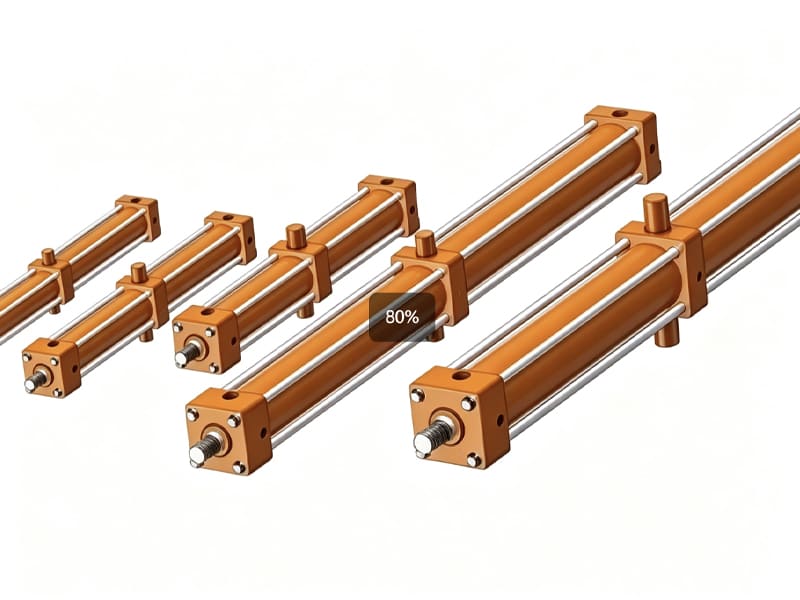 3D rendering of multiple orange tie rod hydraulic cylinders in different sizes, with silver tie rods and threaded piston rods, white background