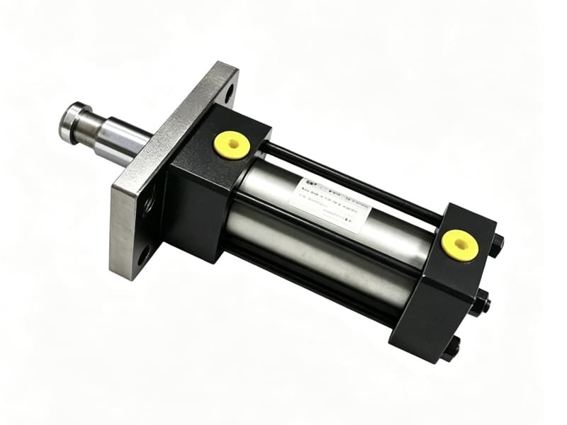 Heavy-duty front flange mounted tie rod hydraulic cylinder, stainless steel cylinder barrel, black end caps, yellow oil ports, white background