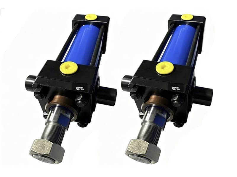 Pair of trunnion mount tie rod hydraulic cylinders, blue cylinder barrel, black end caps, yellow oil ports, threaded piston rod with hex nut, white background
