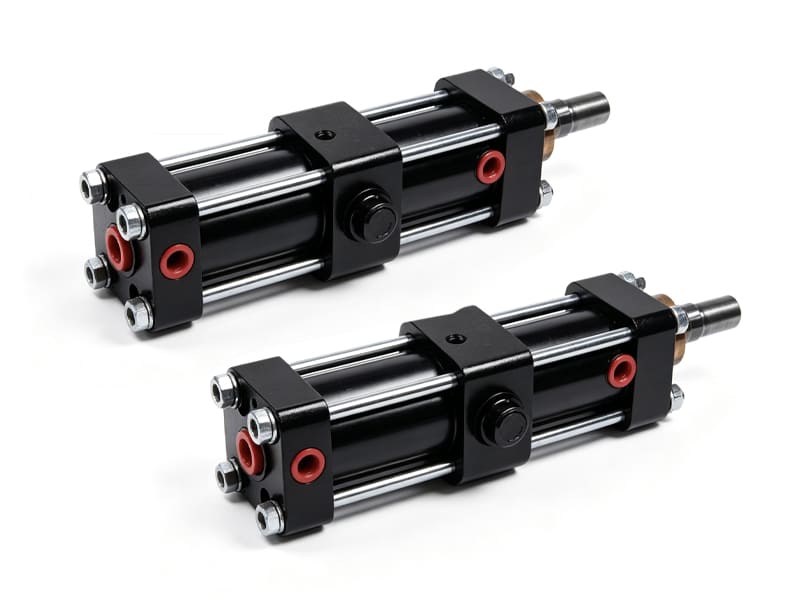 Two black tie rod hydraulic cylinders with red oil ports, chrome plated piston rod, polished steel tie rods, white background