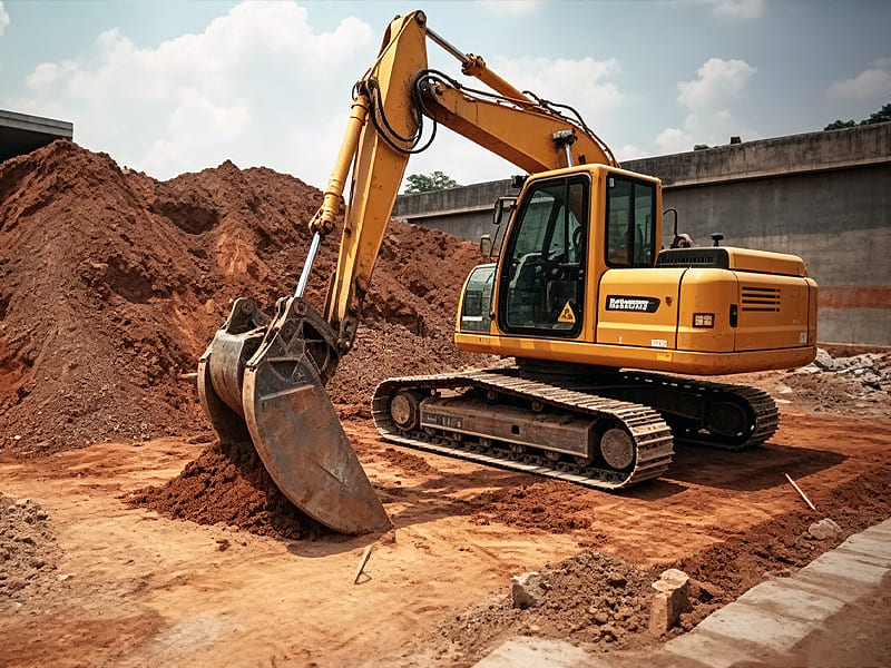 Yellow crawler excavator digging soil at earth‑moving construction jobsite
