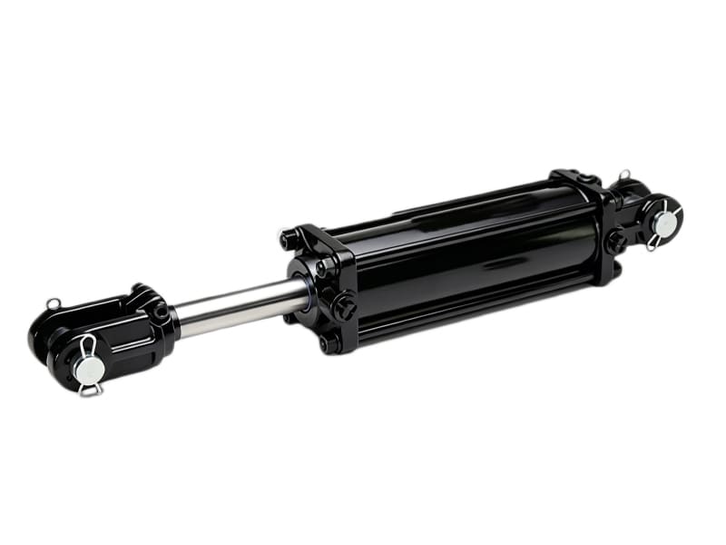 Compact black welded hydraulic cylinder with clevis mounting ends isolated on white background