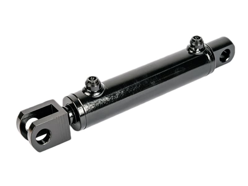 Mini compact black hydraulic cylinder with clevis mount for light‑duty equipment on white background