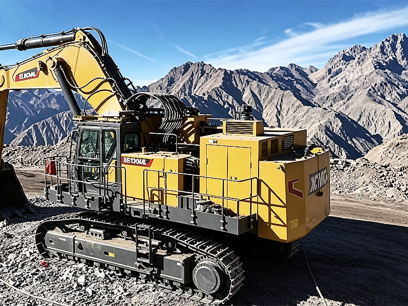 Heavy‑duty yellow mining excavator working at mountain open pit quarry site