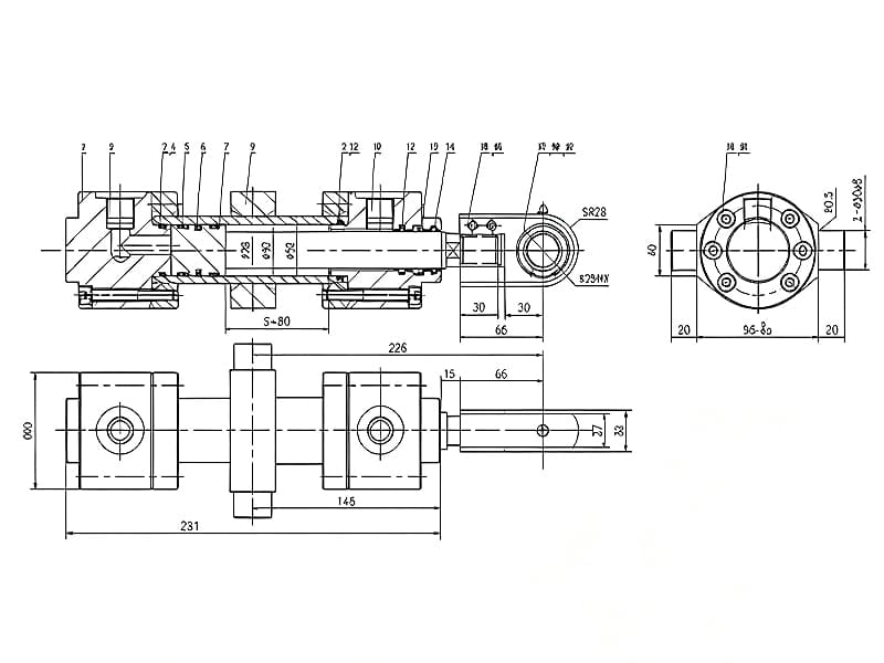 2D sectional drawing showing internal structure of trunnion hydraulic cylinder