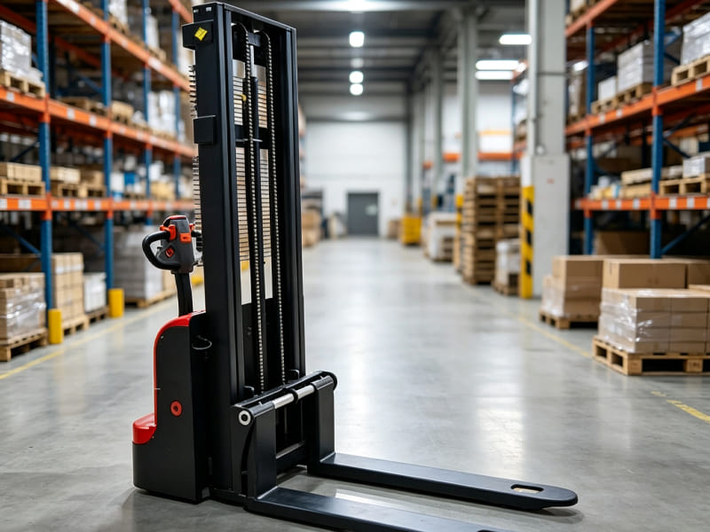 Walk‑behind electric hydraulic pallet stacker inside logistics warehouse