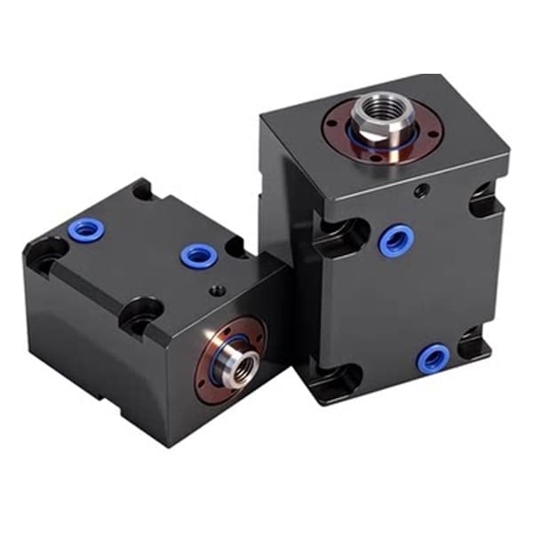 Two black square compact hydraulic cylinders with blue sealing ports on white background