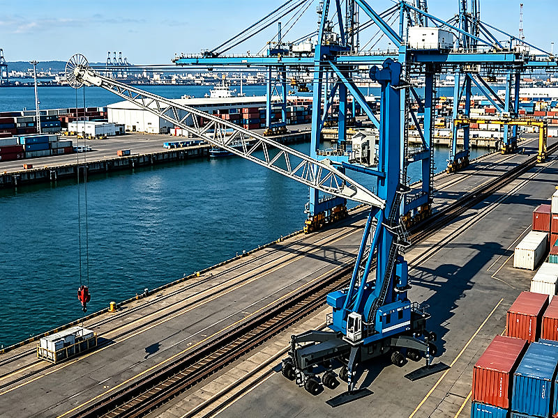 Large blue harbour cranes and mobile crane working at container terminal dock