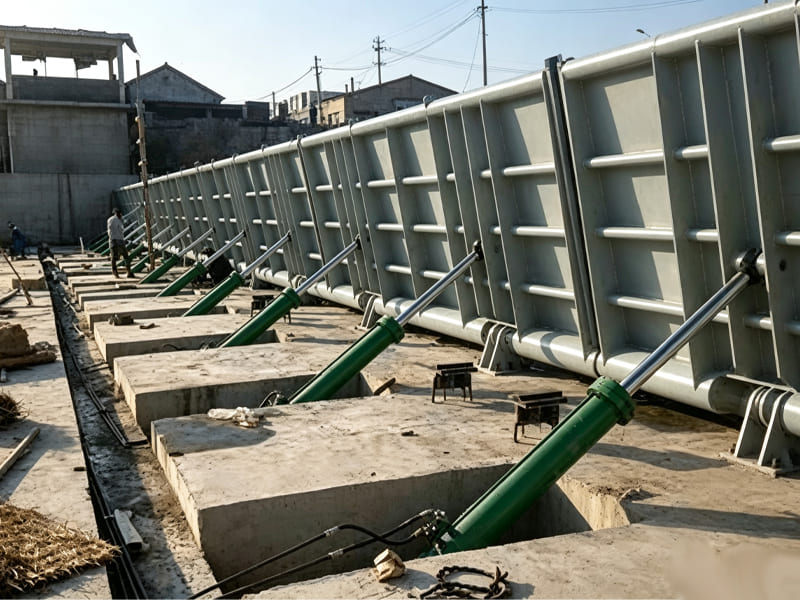 Multiple large green hydraulic cylinders driving steel flood‑control gate