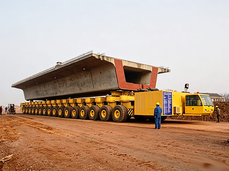 Yellow multi‑axle SPMT transporting huge concrete bridge beam on construction site