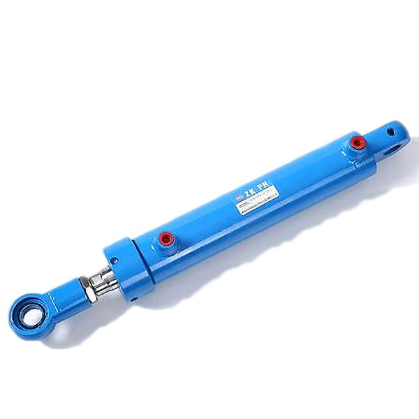 Blue double‑end joint hydraulic cylinder on white background