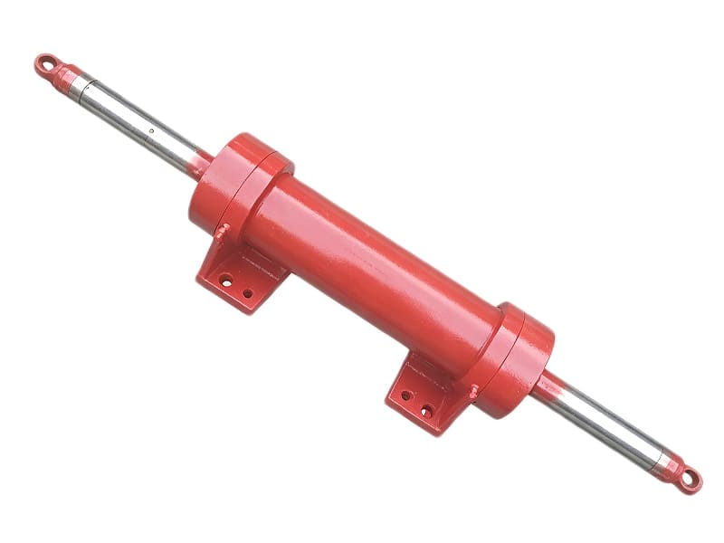 Red double ended tie rod hydraulic cylinder, two way piston rod, foot bracket installation on white background