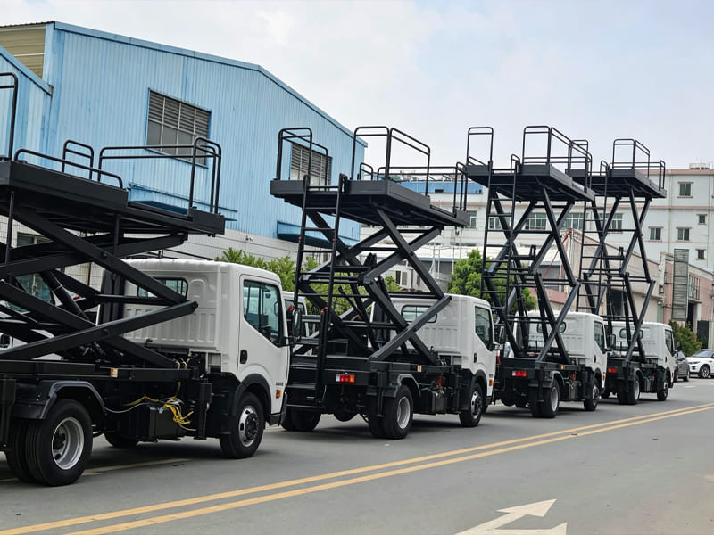 Multiple truck mounted scissor aerial work platforms lined up outside factory