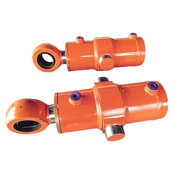 Two orange trunnion hydraulic cylinders of different sizes on white background