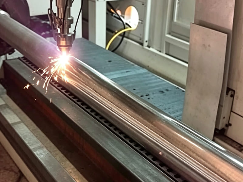 Laser cutting machine processing metal tube for hydraulic cylinder with sparks