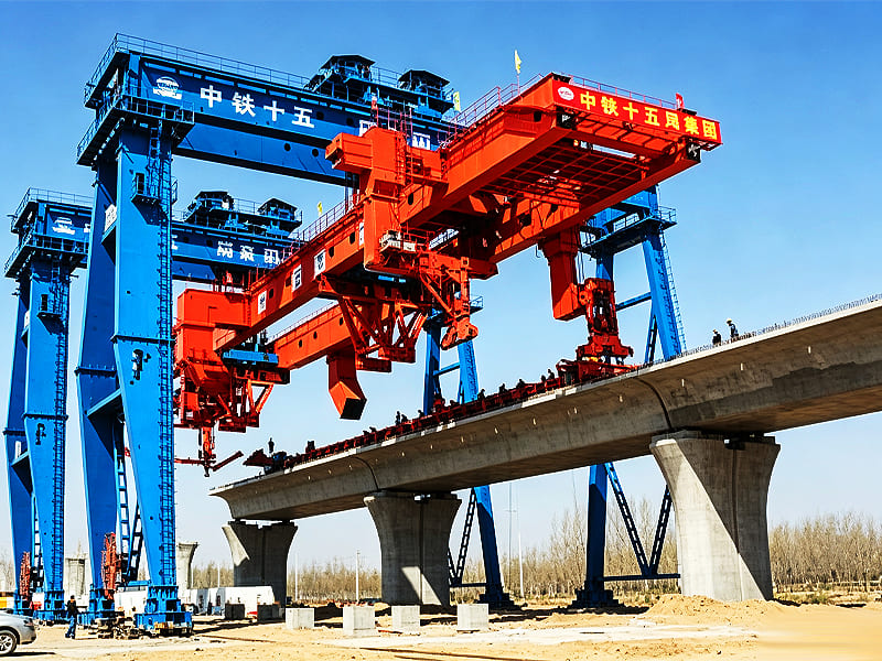 Large bridge girder launcher equipment at high‑speed rail construction site