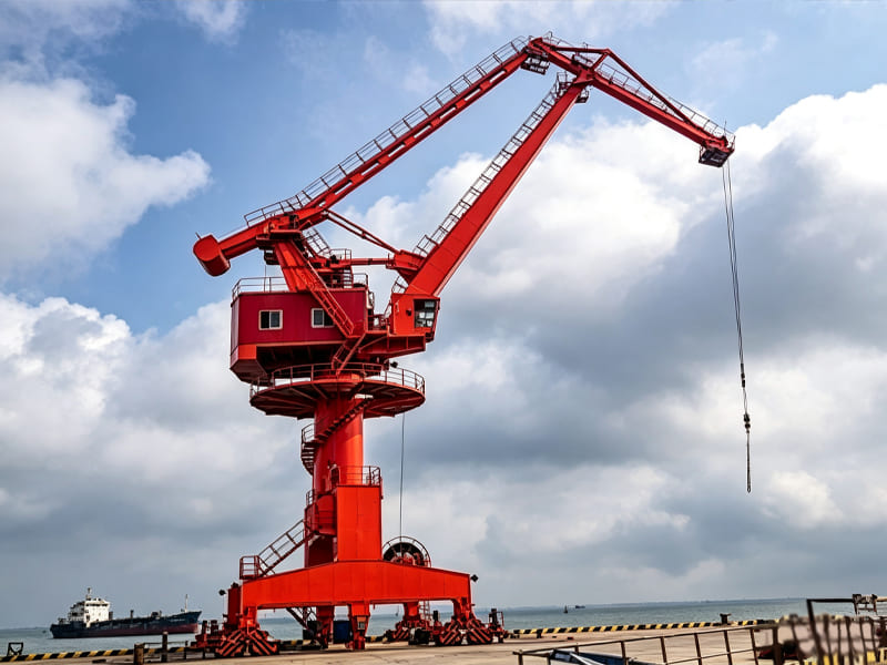 Red portal crane working at seaport dock for cargo handling