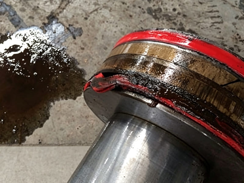 Damaged hydraulic cylinder seal with oil leakage on workshop floor ****