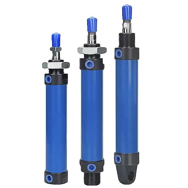 Three blue round small hydraulic cylinders with various end fittings, white background