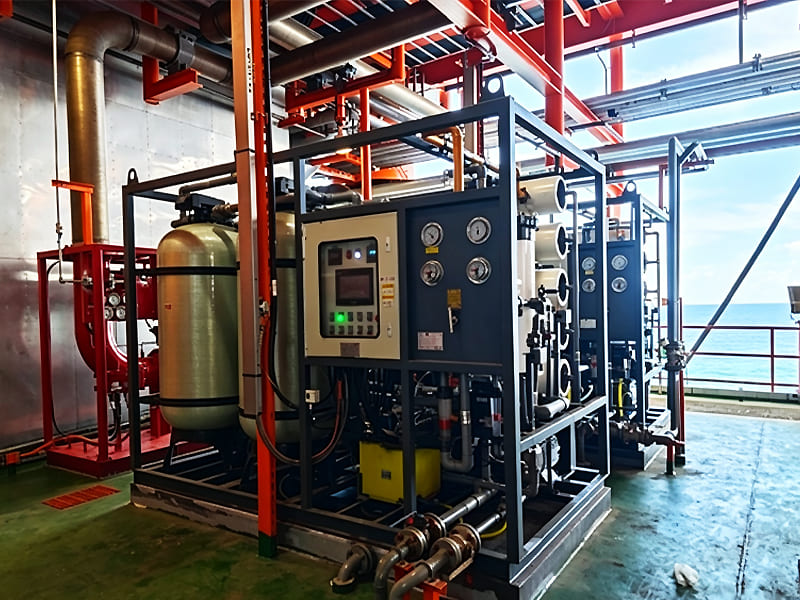 Containerized reverse osmosis desalination skid unit on offshore platform