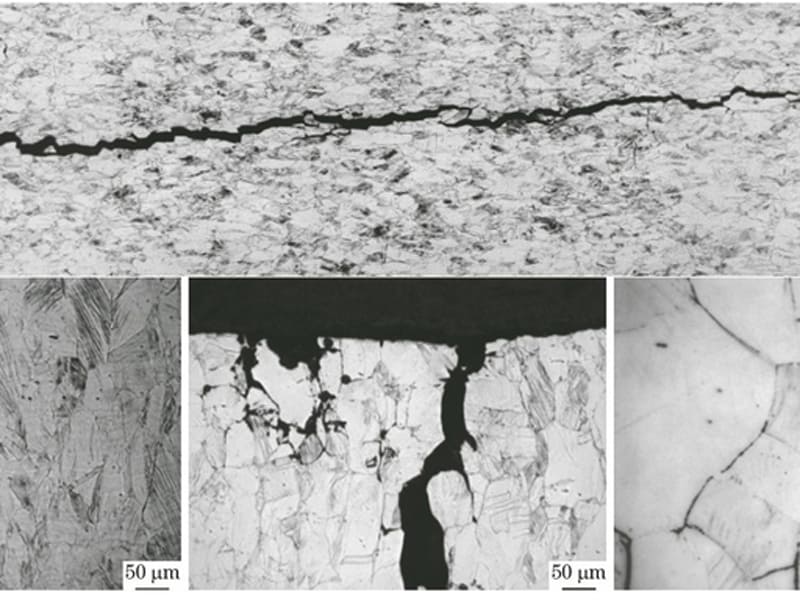 **Metallographic microscope image showing fatigue crack propagation inside metal material**