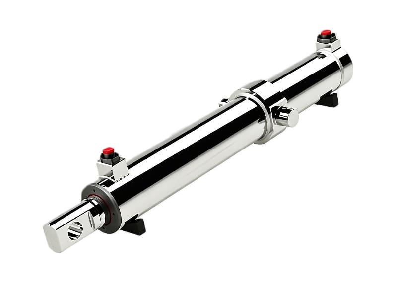 Stainless steel hydraulic cylinder with foot mounting brackets