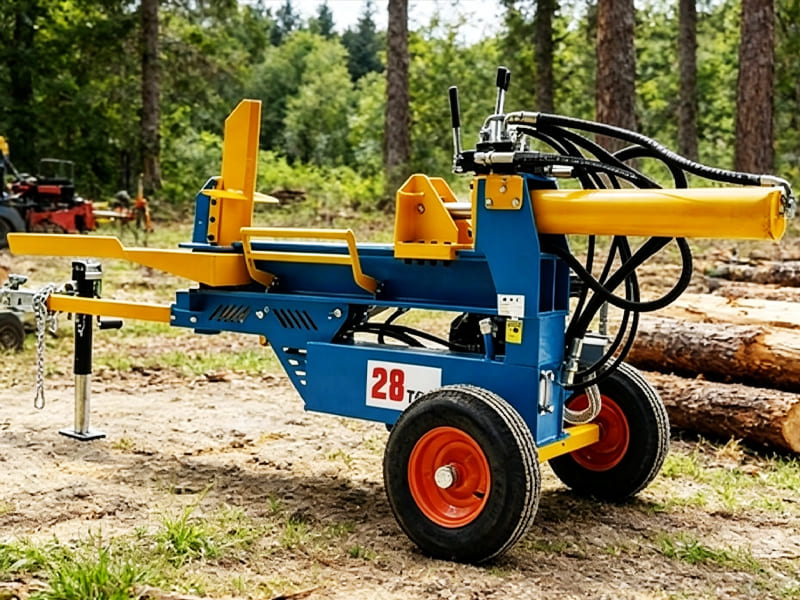 Mobile 28 ton log splitter machine powered by hydraulic cylinder for firewood processing